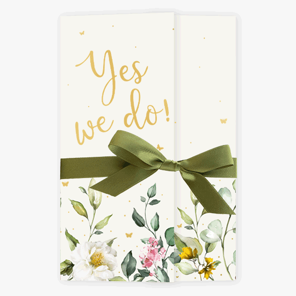 Bloemen trouwkaart met strik en folie