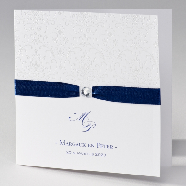 Trouwkaart Huwelijkskaart barok met blauw lint en diamant