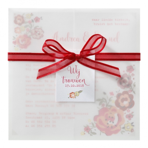 Trouwkaart Kleurrijke trouwkaart met transparante wikkel en bloemenprint