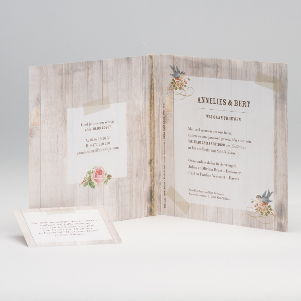Trouwkaart Romantische trouwkaart met steigerhout en vogeltjes