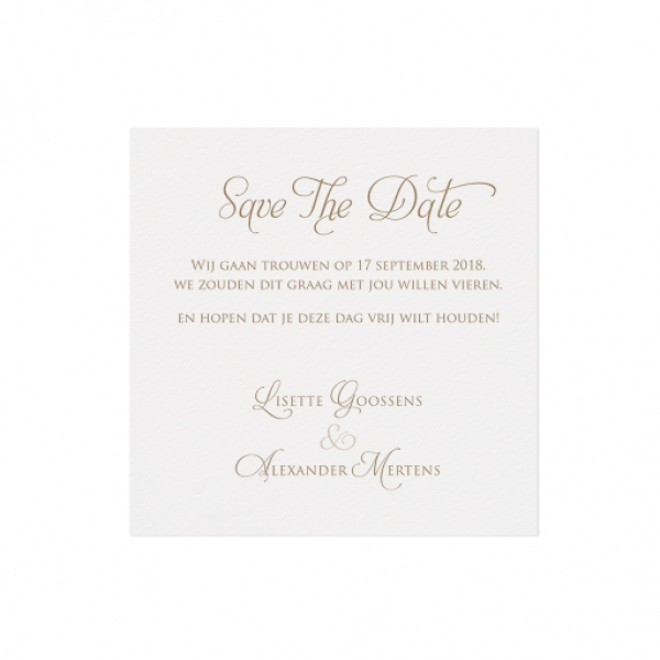 Trouwkaart Save the date passend bij de trouwkaart in een hoesje van kraftpapier met kant
