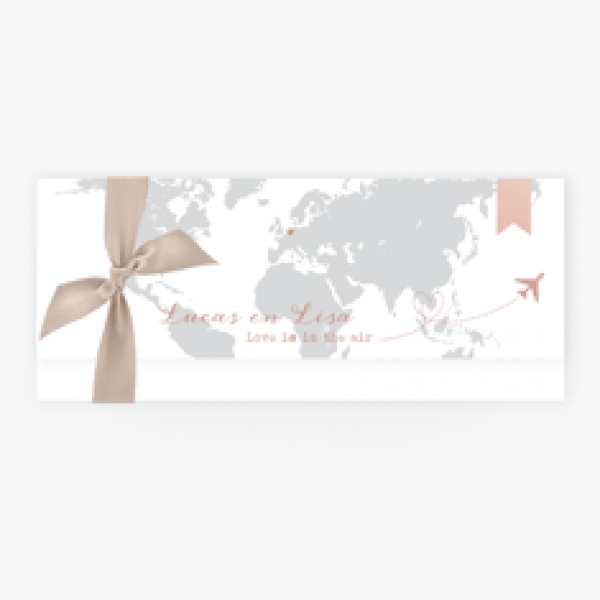 Trouwkaart smal mapje wereldkaart met lint